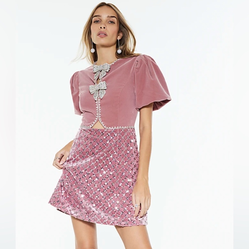 River Island Pink Velvet Short Sleeve Bow Mini Dress